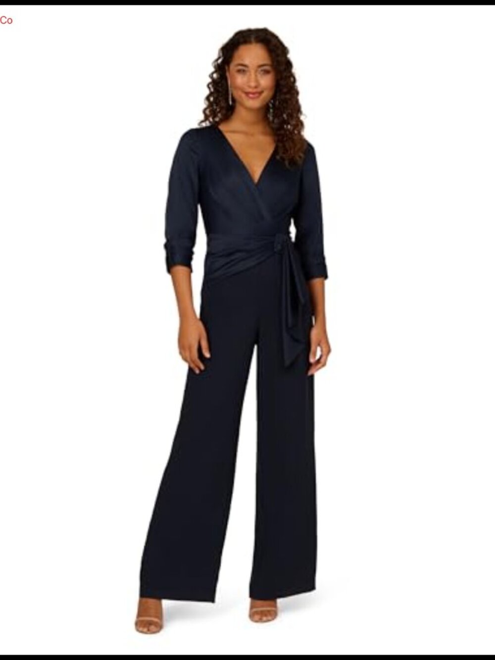 Satin Crepe Jumpsuit V-Neck 3/4 Sleeve Faux Wrap Formal